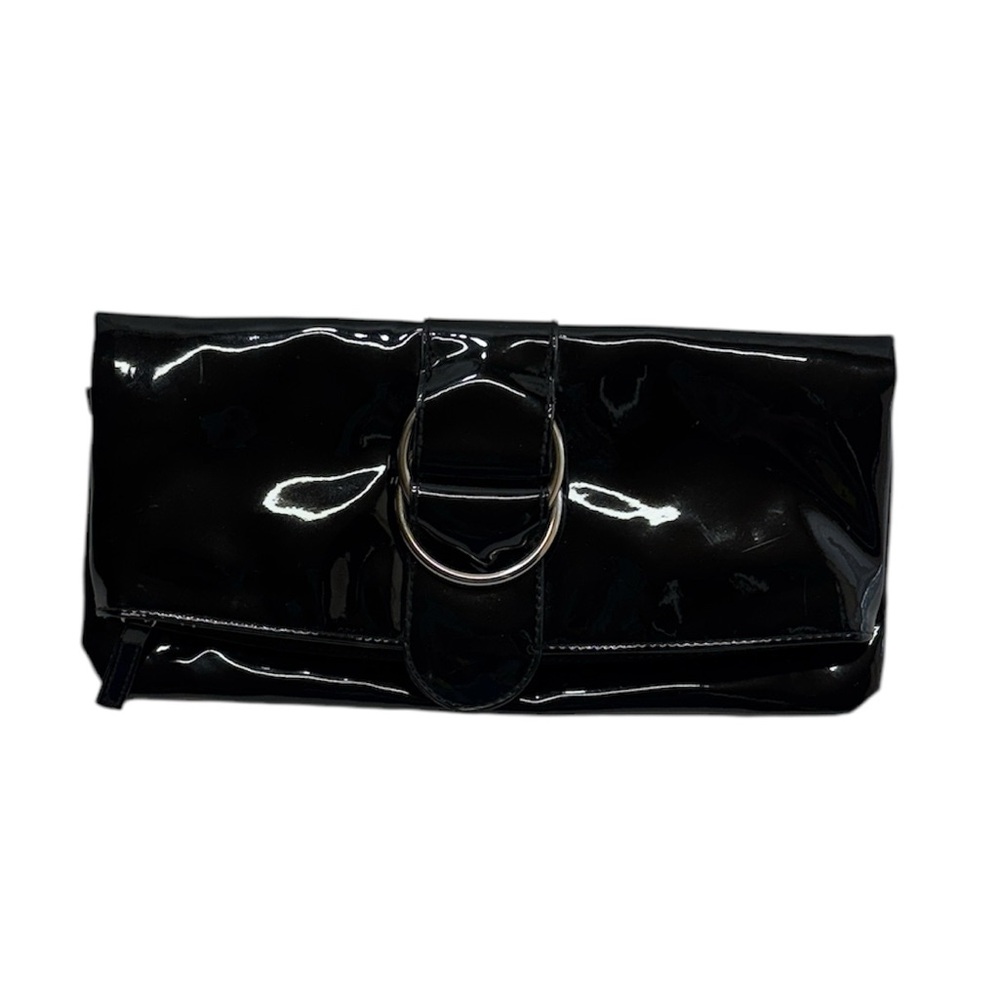 Ladies Hobo Black Faux Patent Leather Fold Over Clutch Handbag Formal Purse